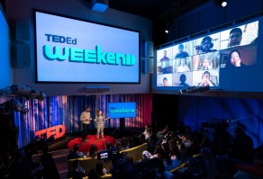Hosts Ashley Kolaya and Bobby Nweke speak at TED-Ed Weekend. Photo: Ryan Lash