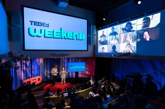 Hosts Ashley Kolaya and Bobby Nweke speak at TED-Ed Weekend. Photo: Ryan Lash